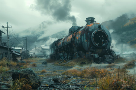 Old steam locomotive in a foggy mountain landscape. Toned.の素材