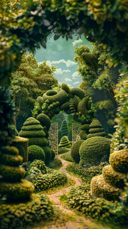 Beautiful fantasy garden with green plants and trees. 3d renderingの素材