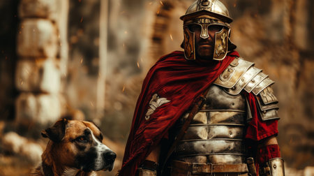 Knight with a dog on the background of the ruins of an ancient fortress.の素材