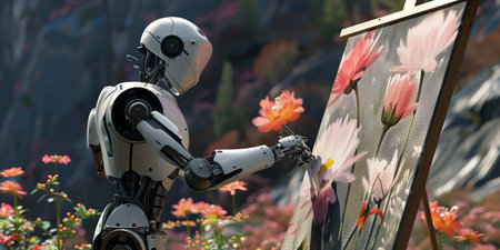 Artificial intelligence robot in a flower garden. 3D rendering.の素材