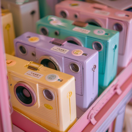 Colorful retro cameras in a shop window. Selective focus.の素材