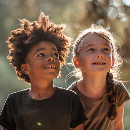 Portrait of two little girls smiling and looking away in the parkの素材