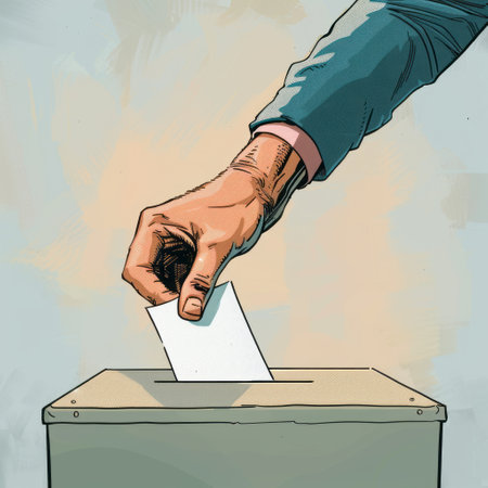 Voting concept. Hand putting voting paper into the ballot box.の素材