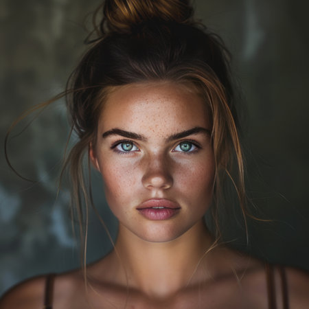 Portrait of a beautiful young woman with freckles on her faceの素材
