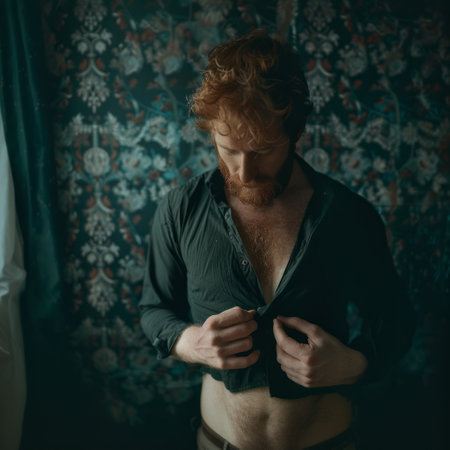 Portrait of a red-bearded man in a shirt and underwearの素材