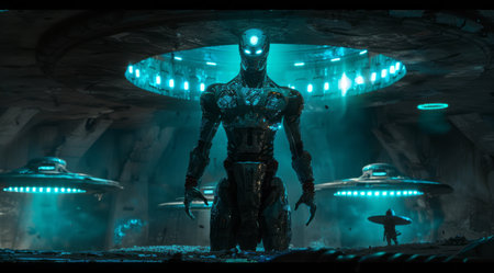 3D rendering. Futuristic alien creature in spaceship interior. Fantasy scene.の素材