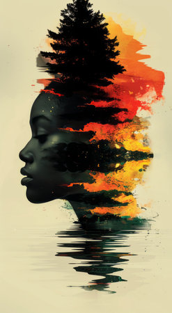 Silhouette of a beautiful woman in profile. Double exposure.の素材