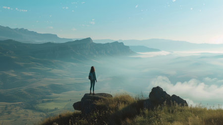 Silhouette of a young woman standing on top of a mountain looking at the misty valleyの素材