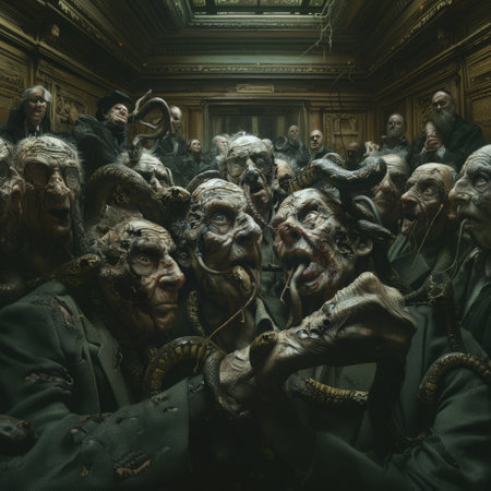 Horror movie scene with a group of scary zombies in an abandoned buildingの素材