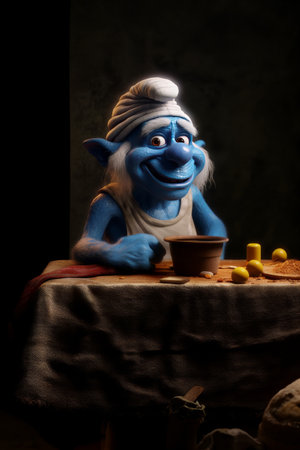 Blue clay man sitting on a wooden table with a cup of coffeeの素材