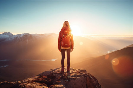 Young woman hiker standing on top of the mountain and looking at sunriseの素材