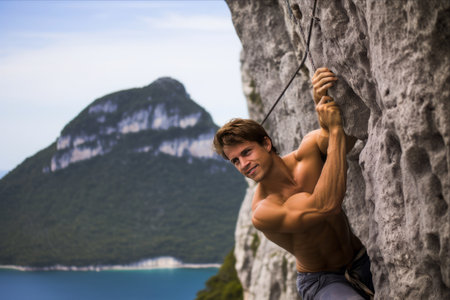Portrait of a young muscular man climbing on a rocky wall.の素材