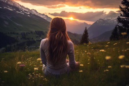 Young woman sitting on a meadow in the mountains at sunset.の素材