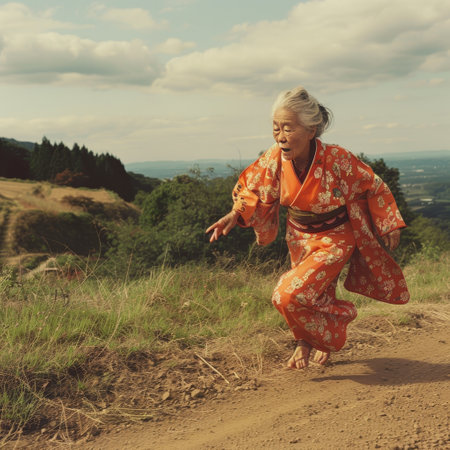 Elderly woman in a Japanese kimono on a dirt roadの素材