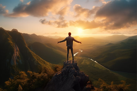 Man with arms outstretched standing on the edge of a cliff and enjoying the viewの素材