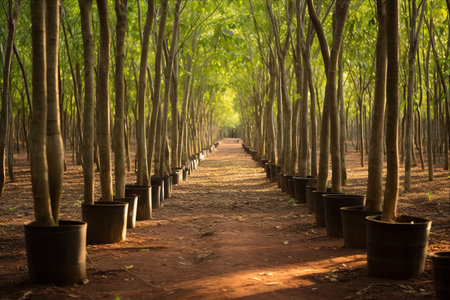Row of rubber tree seedlings in a rubber plantation, Thailand.の素材