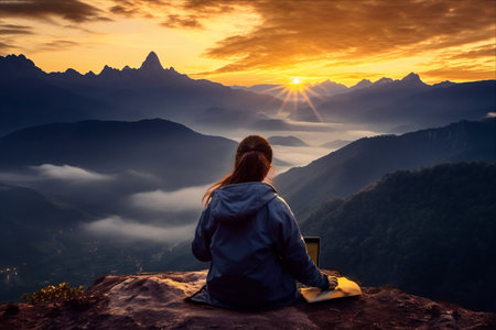 Young woman sitting on the edge of a cliff and looking at the misty valley.の素材