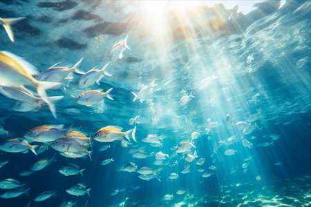 Tropical underwater scene with school of fish and sunbeamsの素材