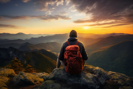 Hiker with backpack on the top of the mountain at sunrise.の素材