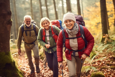 Group of seniors hiking in the forest. They are looking at camera and smiling.の素材