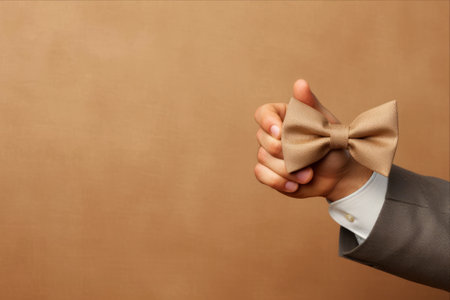 groom's hand in a suit with a bow tie on a brown backgroundの素材