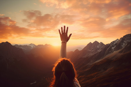 Woman raised her hand up against scenic view of snowy mountain range at sunsetの素材