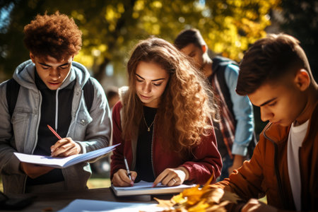Group of students studying in autumn park. Education and friendship concept.の素材