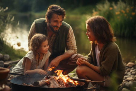 Happy family sitting by the fire and cooking food on a campfireの素材