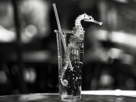 Seahorse in a glass of water. Black and white.の素材