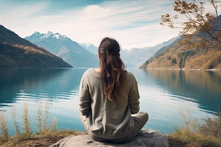 Woman sitting on a rock in front of a mountain lake and admiring the sceneryの素材