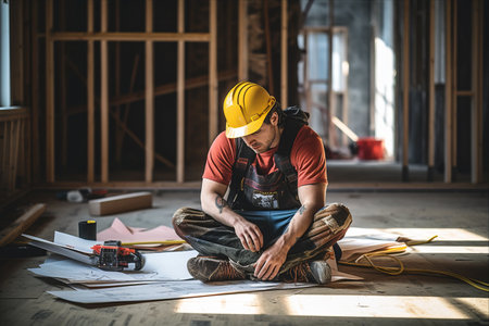 Asian male construction worker wearing safety helmet sitting on floor and working on blueprint at construction site.の素材