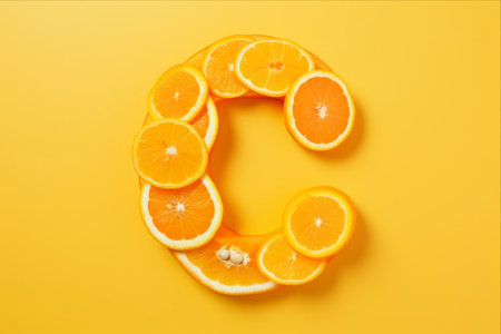 Letter C made of fresh orange slices on yellow background, top viewの素材