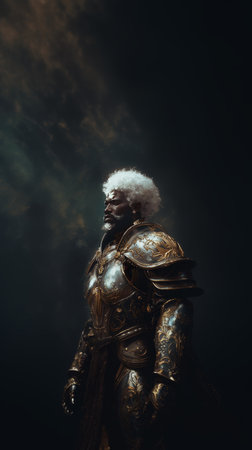 Knight in armor on a dark background. Fantasy and fantasy concept.の素材