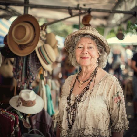 Portrait of happy senior woman in hat standing at flea marketの素材