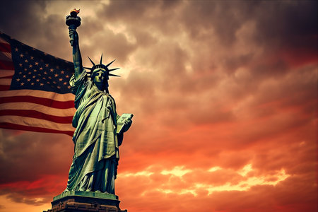 Statue of liberty with american flag at sunset, New York Cityの素材