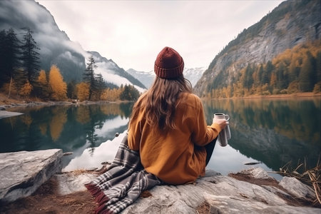 A young woman in a yellow sweater and a red hat sits on a log by the lake and drinks coffee.の素材