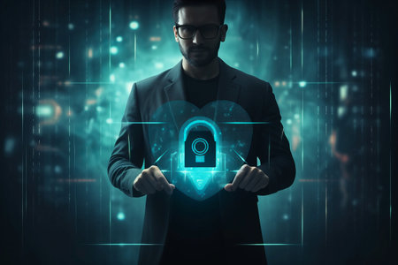 Cyber security and data protection concept. Young businessman in suit and glasses holding padlock on digital backgroundの素材