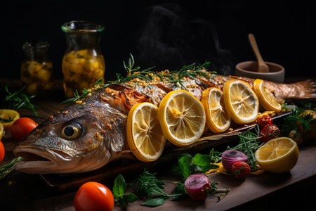 Grilled fish with lemon, herbs and spices on a black backgroundの素材