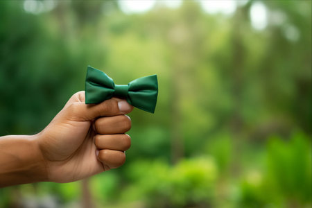 Man's hand holding a green bow tie on blurred nature background.の素材