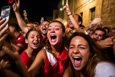 Group of happy people cheering and having fun at a music festival.の素材