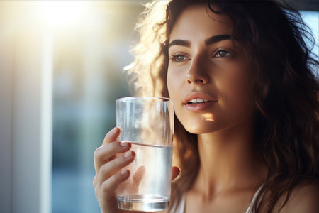 Close up portrait of a beautiful young woman holding a glass of waterの素材