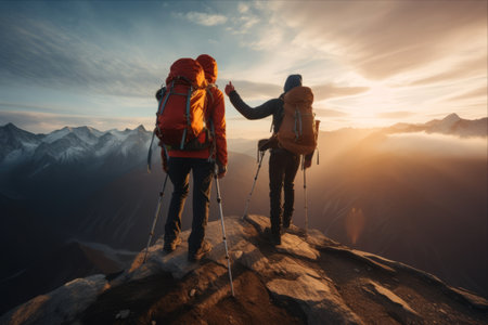 Couple of hikers with backpacks standing on top of a mountain at sunsetの素材