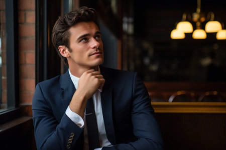 Handsome young businessman in a blue suit sitting at a cafeの素材