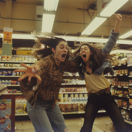Young women shopping in a grocery store/supermarket and having funの素材