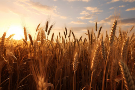 Wheat field at sunset. Beautiful Nature Sunset Landscape. Rural Scenery under Shining Sunlight. Rich harvest Conceptの素材