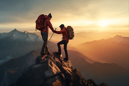 Hikers with backpacks on the top of the mountain at sunsetの素材