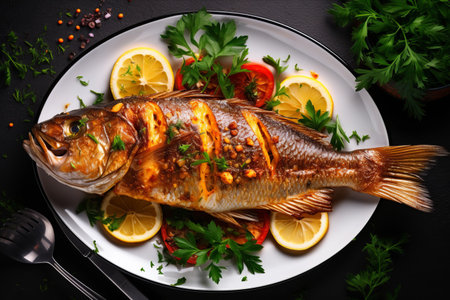 Grilled fish with lemon, parsley and spices on a black backgroundの素材