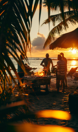 Barbeque on the beach at sunset. People preparing food on the beach.の素材