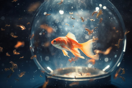 Goldfish in a glass aquarium on a dark background. Shallow depth of field.の素材
