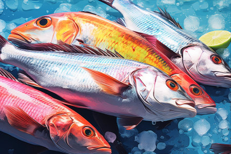 Fresh fish with lemon and ice on blue water background. Top view.の素材